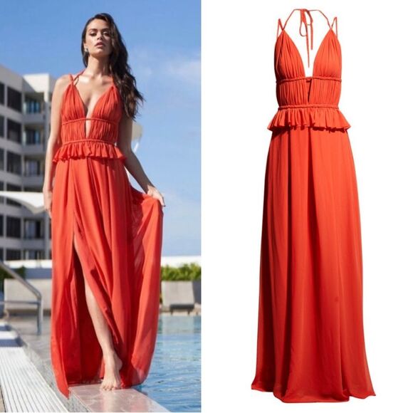 Dress The Population Athena Halter Maxi Gown Dress Poppy Orange Size Large NEW - Picture 1 of 10